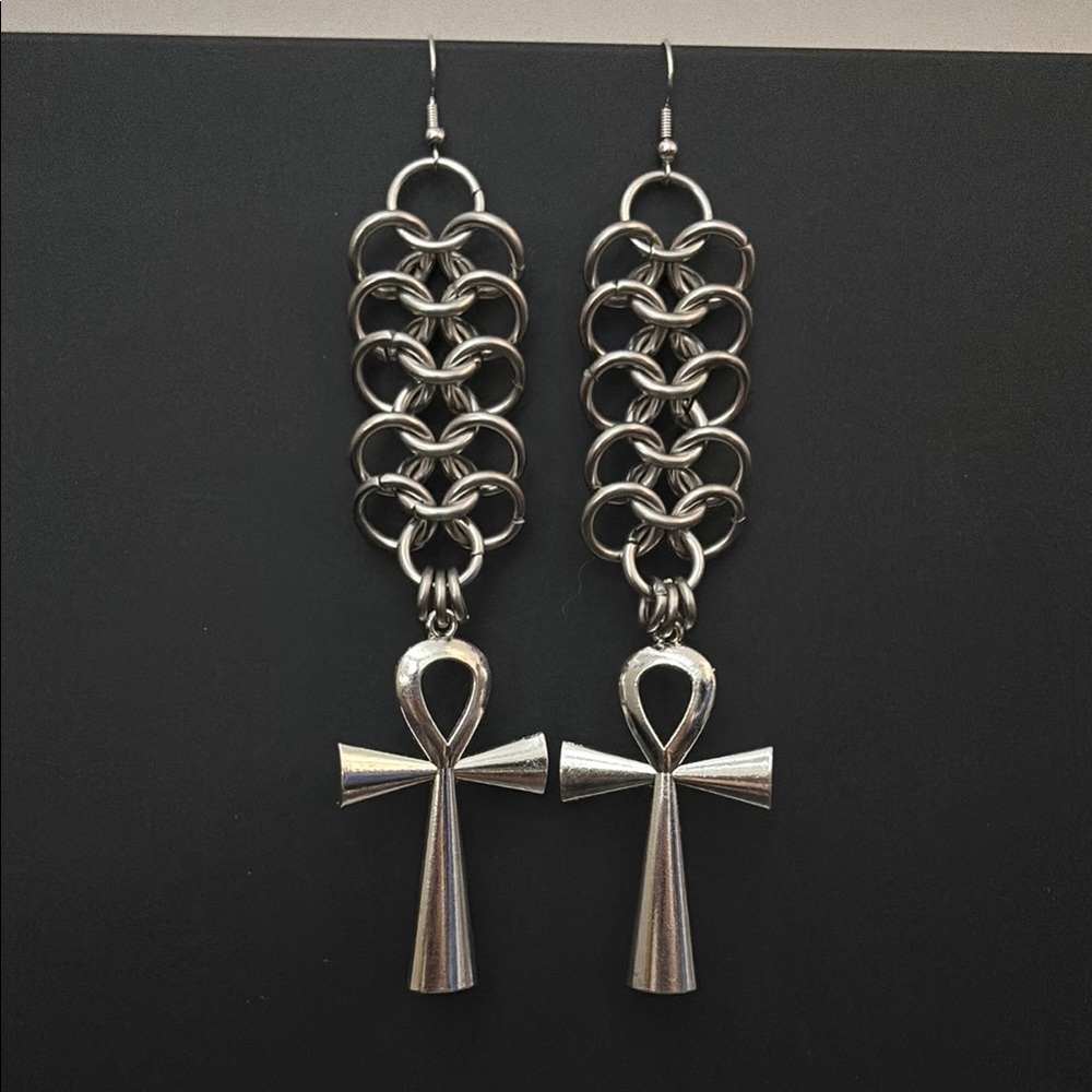 Silver Ankh Chainmail Earrings
